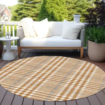 8' Brown Beige And Beige Round Plaid Washable Indoor Outdoor Area Rug