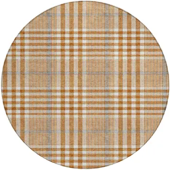 8' Brown Beige And Beige Round Plaid Washable Indoor Outdoor Area Rug
