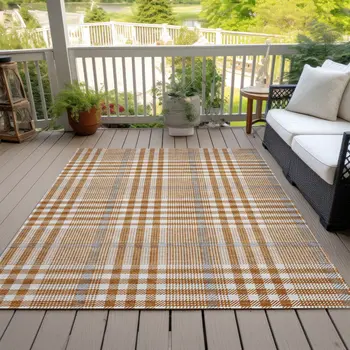 8' X 10' Brown Beige And Beige Plaid Washable Indoor Outdoor Area Rug