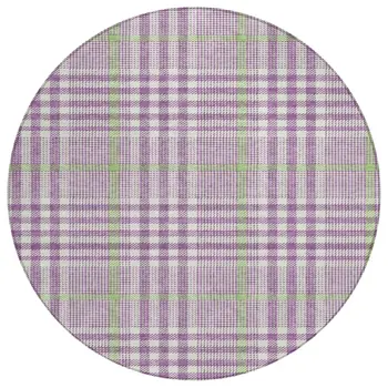 8' Purple Green And Ivory Round Plaid Washable Indoor Outdoor Area Rug