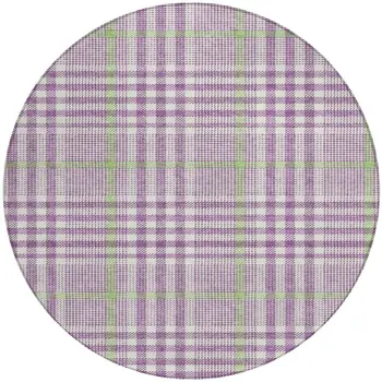 8' Purple Green And Ivory Round Plaid Washable Indoor Outdoor Area Rug