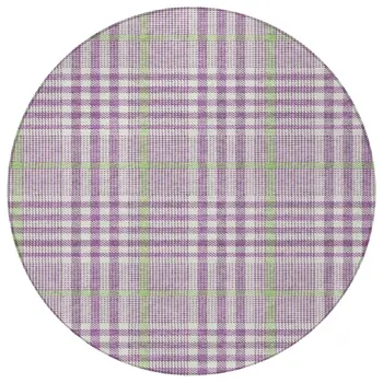 8' Purple Green And Ivory Round Plaid Washable Indoor Outdoor Area Rug
