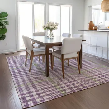10' X 14' Purple Green And Ivory Plaid Washable Indoor Outdoor Area Rug