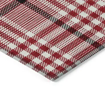 8' Red Black And Ivory Round Plaid Washable Indoor Outdoor Area Rug