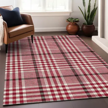 8' X 10' Red Black And Ivory Plaid Washable Indoor Outdoor Area Rug