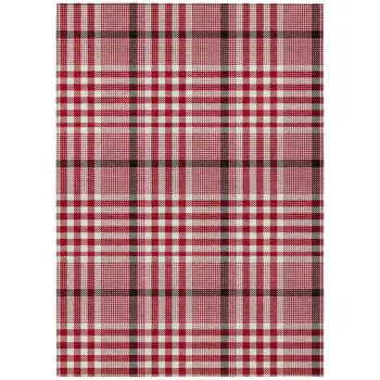 9' X 12' Red Black And Ivory Plaid Washable Indoor Outdoor Area Rug