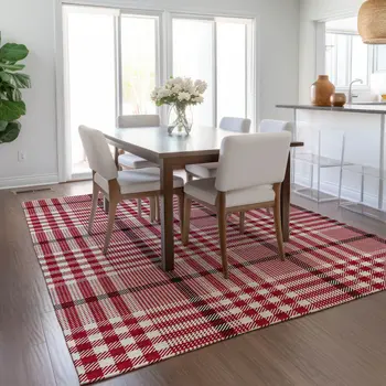 9' X 12' Red Black And Ivory Plaid Washable Indoor Outdoor Area Rug