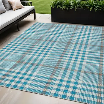 5' X 8' Teal Blue Ivory And Brown Plaid Washable Indoor Outdoor Area Rug
