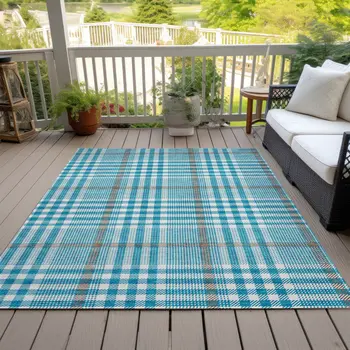 5' X 8' Teal Blue Ivory And Brown Plaid Washable Indoor Outdoor Area Rug
