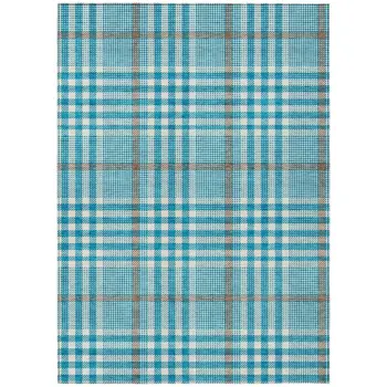 5' X 8' Teal Blue Ivory And Brown Plaid Washable Indoor Outdoor Area Rug