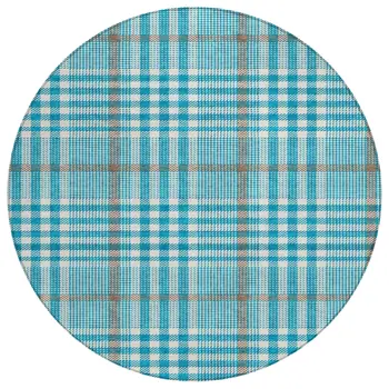 8' Teal Blue Ivory And Brown Round Plaid Washable Indoor Outdoor Area Rug