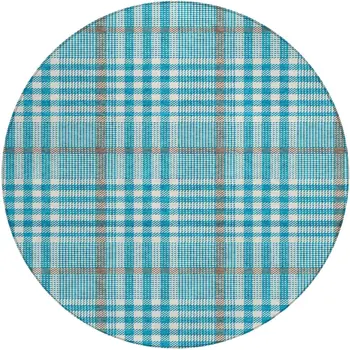 8' Teal Blue Ivory And Brown Round Plaid Washable Indoor Outdoor Area Rug