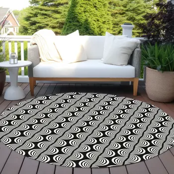 8' Black And Ivory Round Ogee Washable Indoor Outdoor Area Rug