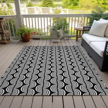 10' X 14' Black And Ivory Ogee Washable Indoor Outdoor Area Rug