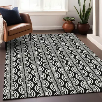 10' X 14' Black And Ivory Ogee Washable Indoor Outdoor Area Rug