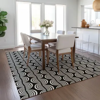 10' X 14' Black And Ivory Ogee Washable Indoor Outdoor Area Rug