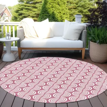8' Blush And Beige Round Ogee Washable Indoor Outdoor Area Rug