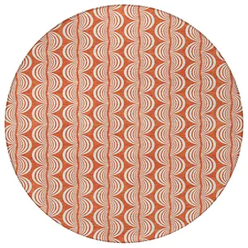 8' Coral And Beige Round Ogee Washable Indoor Outdoor Area Rug