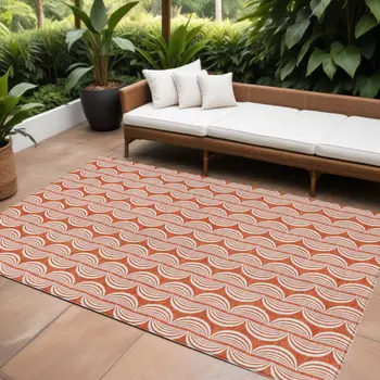8' X 10' Coral And Beige Ogee Washable Indoor Outdoor Area Rug