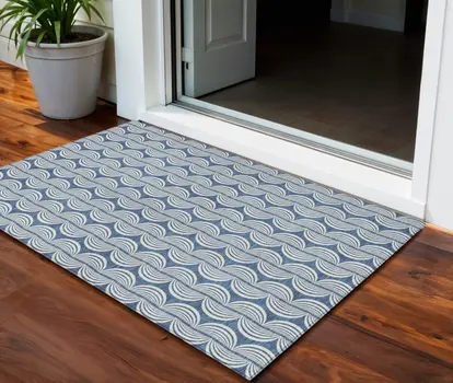 3' X 5' Denim Blue And Ivory Ogee Washable Indoor Outdoor Area Rug