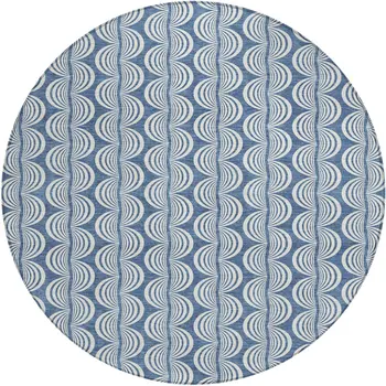 8' Denim Blue And Ivory Round Ogee Washable Indoor Outdoor Area Rug