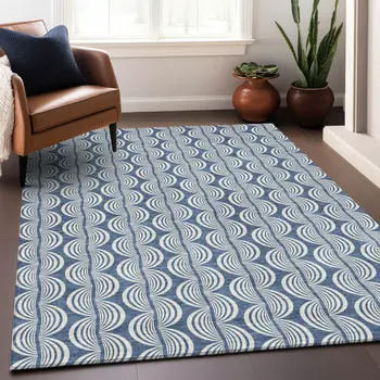 9' X 12' Denim Blue And Ivory Ogee Washable Indoor Outdoor Area Rug