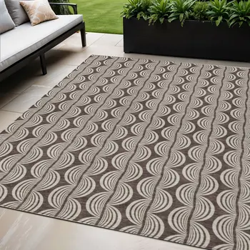 5' X 8' Brown And Beige Ogee Washable Indoor Outdoor Area Rug