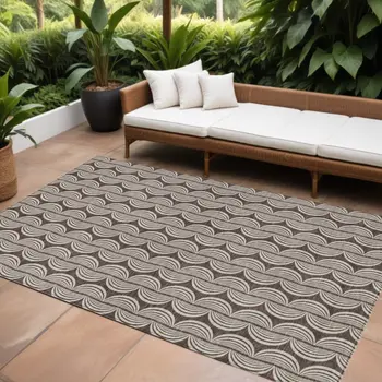 10' X 14' Brown And Beige Ogee Washable Indoor Outdoor Area Rug