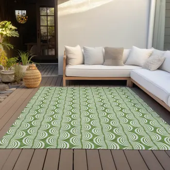 10' X 14' Green And Ivory Ogee Washable Indoor Outdoor Area Rug