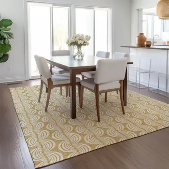 8' X 10' Gold And Beige Ogee Washable Indoor Outdoor Area Rug