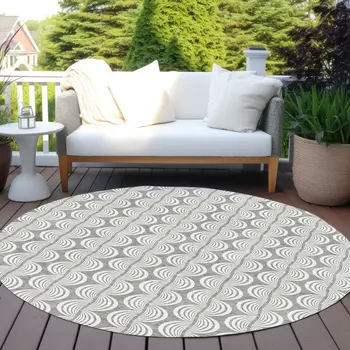 8' Gray And Ivory Round Ogee Washable Indoor Outdoor Area Rug