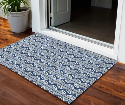 3' X 5' Navy Blue And Ivory Ogee Washable Indoor Outdoor Area Rug