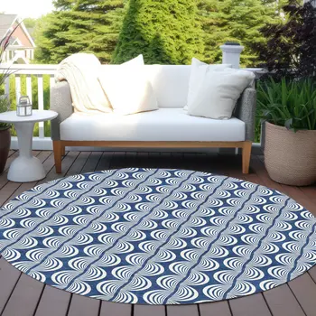 8' Navy Blue And Ivory Round Ogee Washable Indoor Outdoor Area Rug