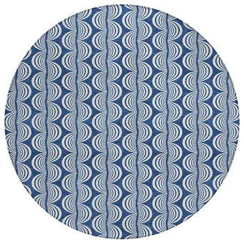 8' Navy Blue And Ivory Round Ogee Washable Indoor Outdoor Area Rug