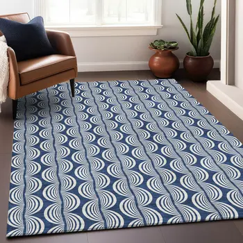 8' X 10' Navy Blue And Ivory Ogee Washable Indoor Outdoor Area Rug