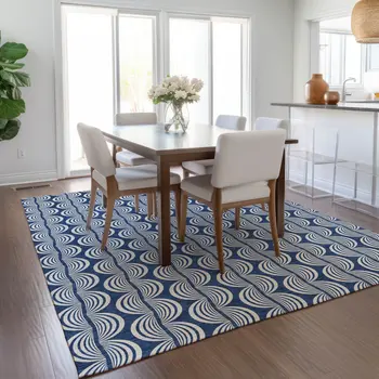 9' X 12' Navy Blue And Ivory Ogee Washable Indoor Outdoor Area Rug