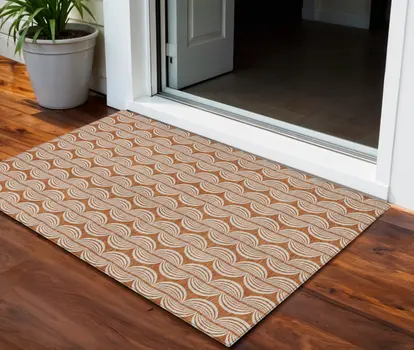 3' X 5' Copper And Beige Ogee Washable Indoor Outdoor Area Rug