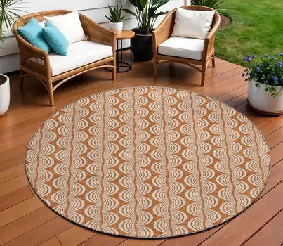 8' Copper And Beige Round Ogee Washable Indoor Outdoor Area Rug