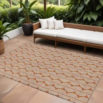 8' X 10' Copper And Beige Ogee Washable Indoor Outdoor Area Rug