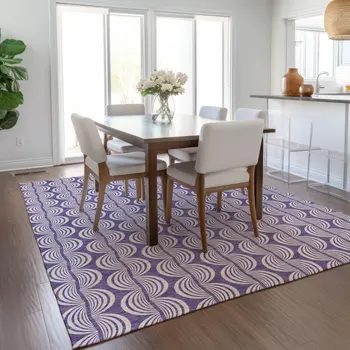 5' X 8' Purple And Ivory Ogee Washable Indoor Outdoor Area Rug