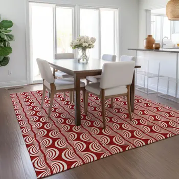 3' X 5' Red And Ivory Ogee Washable Indoor Outdoor Area Rug