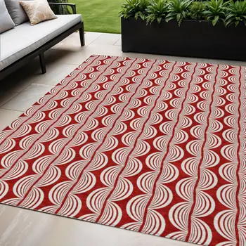 5' X 8' Red And Ivory Ogee Washable Indoor Outdoor Area Rug