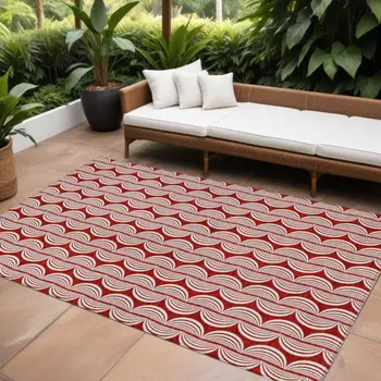 8' X 10' Red And Ivory Ogee Washable Indoor Outdoor Area Rug