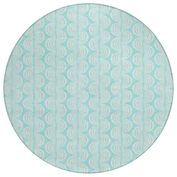 8' Aqua And Beige Round Ogee Washable Indoor Outdoor Area Rug