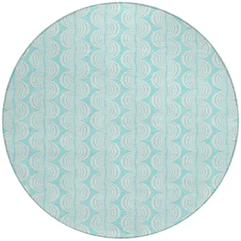 8' Aqua And Beige Round Ogee Washable Indoor Outdoor Area Rug