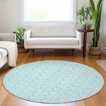 8' Aqua And Beige Round Ogee Washable Indoor Outdoor Area Rug
