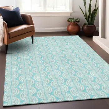 8' X 10' Aqua And Beige Ogee Washable Indoor Outdoor Area Rug
