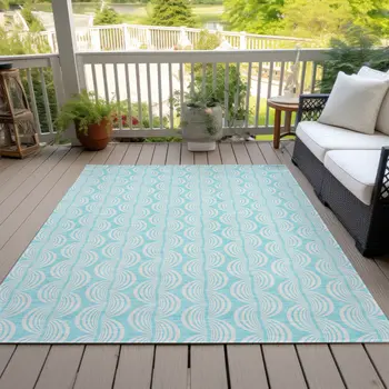 9' X 12' Aqua And Beige Ogee Washable Indoor Outdoor Area Rug