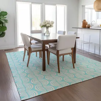 9' X 12' Aqua And Beige Ogee Washable Indoor Outdoor Area Rug