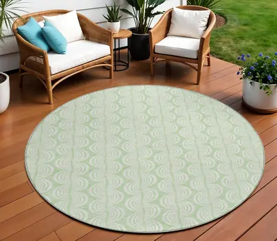8' Mint Green And Beige Round Ogee Washable Indoor Outdoor Area Rug